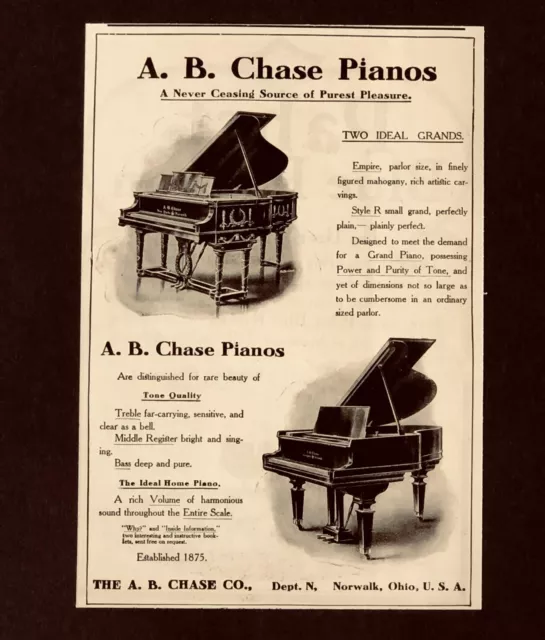 1905 A. B. Chase Piano Advertisement Grand Empire Parlor Music Antique Print AD
