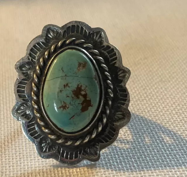 MASSIVE OLD PAWN 50's ESTATE NAVAJO KINGMAN TURQUOISE STERLING SILVER RING14.5g