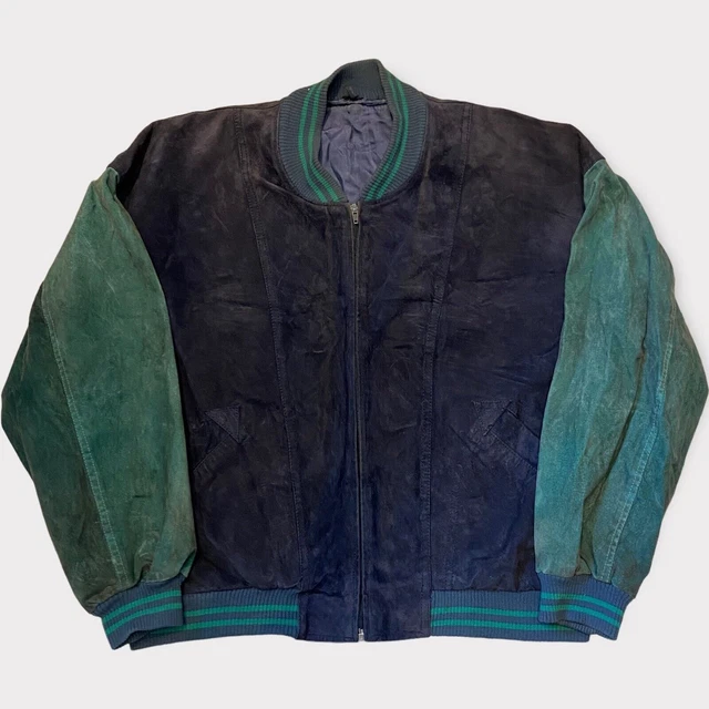 VINTAGE SUEDE BOMBER Jacket M Oversized 90’s Retro Navy & Green Leather