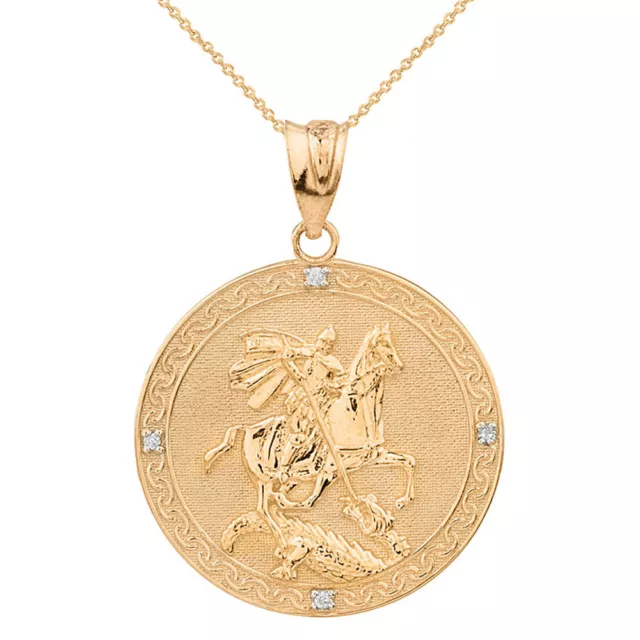 14k Solid Yellow Gold St George Engravable Diamond Medallion LG Pendant Necklace