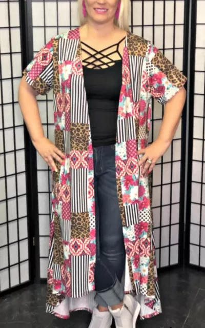 Crazy Train Women Sz M Patchwork Duster Jacket Long Cardigan Leopard Print Pink