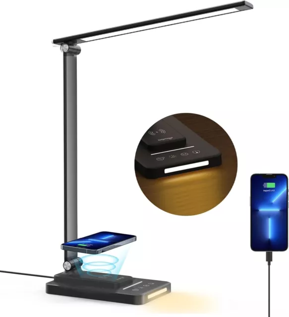 Sympa LED Desk Lamp, Desk Lamp with Wireless Charger, Dimmable Desk Light with 2