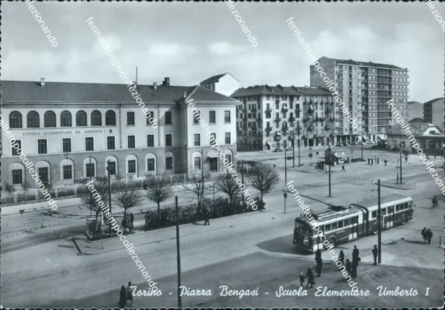 cg292 cartolina torino citta' piazza bengasi scuola elementare umberto I tram
