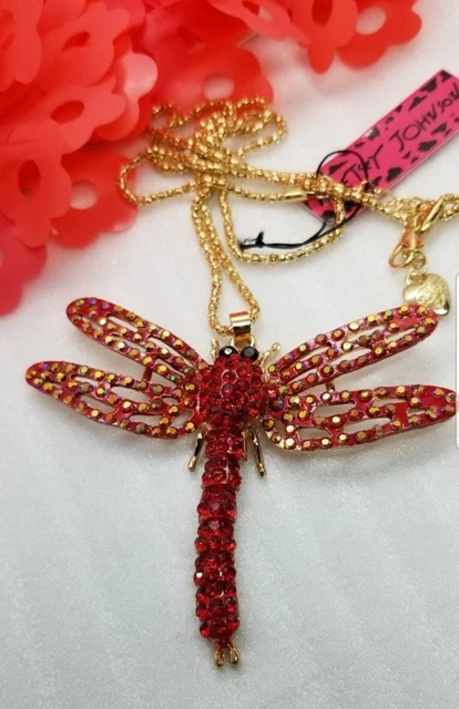 New Betsey Johnson Red Rhinestone Bling Dragonfly Crystal Pendant Necklace