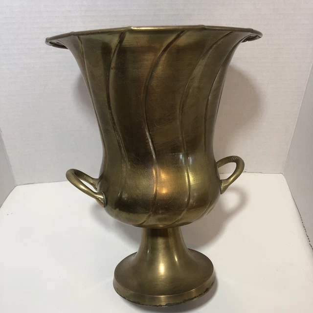 VINTAGE LARGE PEDESTAL Handled Brass Vase Urn Pot Swirl Pattern 11