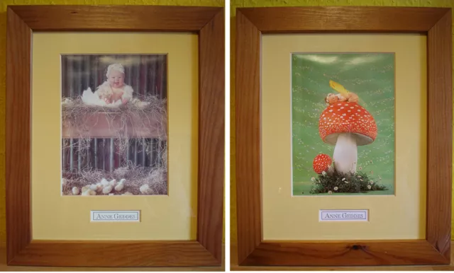 2 x KIEFER RAHMEN 30 x 25 cm & ANNE GEDDES BILD FLIEGENPILZ & KÜKEN BABY VINTAGE