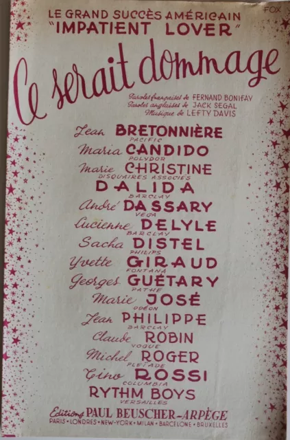 Partition ancienne-CE SERAIT DOMMAGE Musique: LEFTY DAVIS-Paroles : BONIFAY