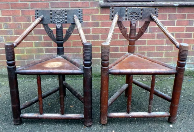 Pair Victorian antique 17th century style Arts & Crafts turners bodgers chairs