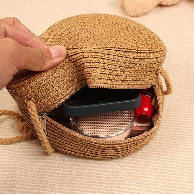 Round Straw Bag Women Woven Beach Crossbody Bag Cute Shoulder Rattan Handbag