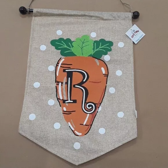 Spring Easter R" Monogram Carrot Burlap House Flag with Pole NEW