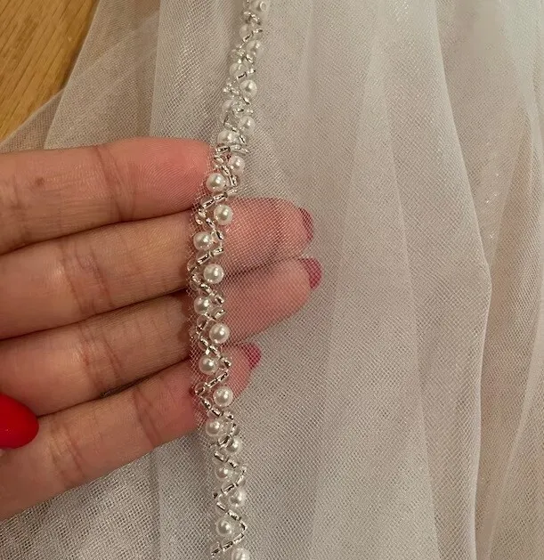 bridal veil ivory pearl silver beaded edge cathedral