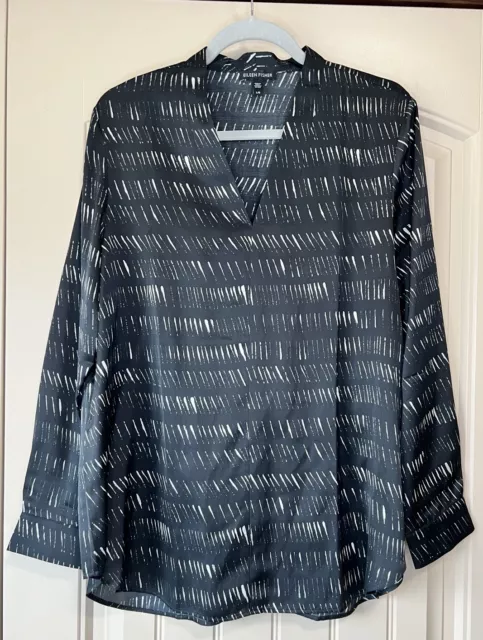 EILEEN FISHER Tunic Top Black Silk Organic Cotton Dash Print Women’s Sz Large