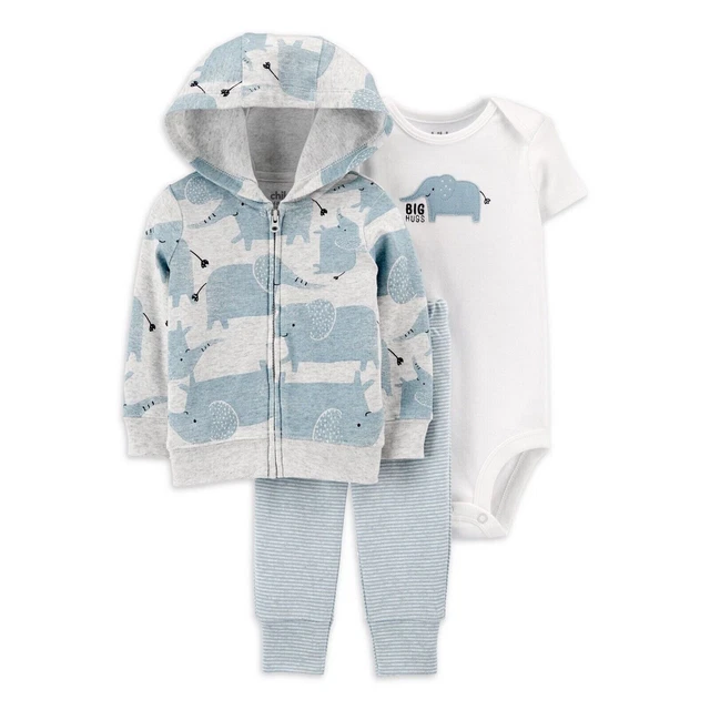 New Carter's Baby Boy 3 Piece set ~Hoodie Bodysuit Pants~Elephants 6-9 months