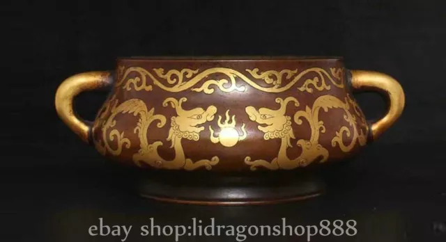 6.4" Marked Chinese Purple Bronze Gilt 2 Ear Fengshui Dragon Incense Burner