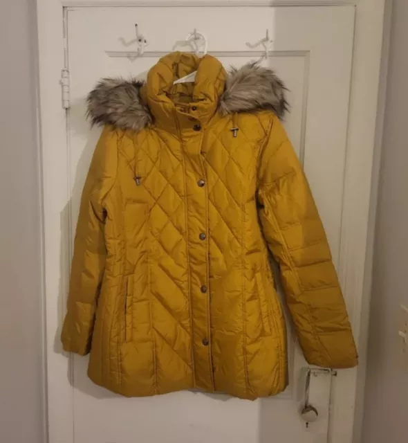 London Fog Down Fill Maxi Long Puffer Coat Hood Faux Fur Trim Mustard Yellow