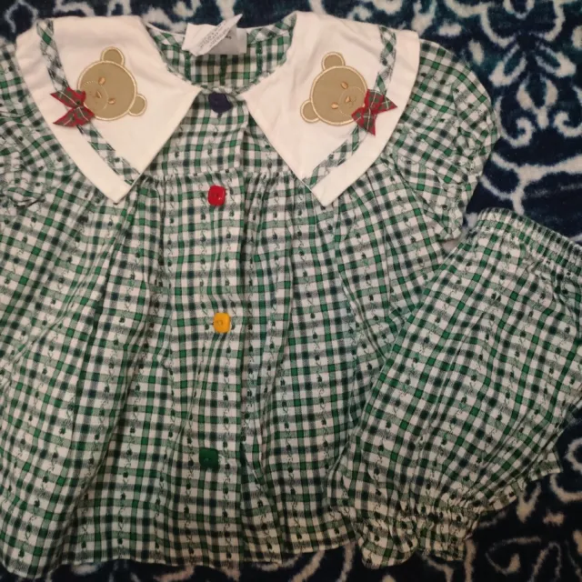 Vintage Baby Girls 2 Piece Outfit Dress Diaper Cover Bears Gingham 6-9 Months