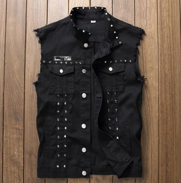 Gilet in denim punk da uomo ragazzo rivetto senza maniche motore top petto singolo