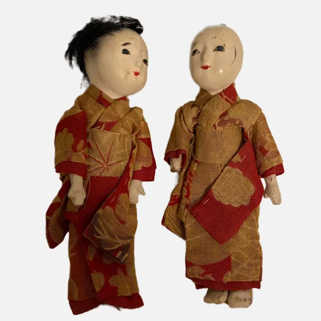 Japanese Bisque Dolls Man Woman Antique Silk Kimonos Detailed 4.5 Inch Japan