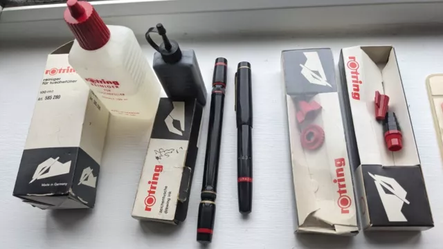 Rotring Pen, Nibs and reservoirs + Ink + Cleaner Solution + 3x drawing Stencils