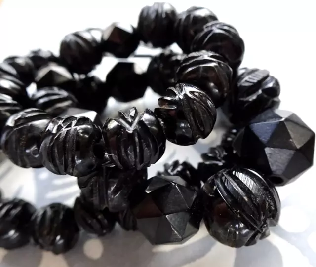 antique Victorian WHITBY JET fancy carved rose flower faceted bead necklace -C81