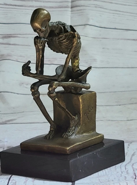 Sculpture Squelette Assis Style Antique - Bronze Et Pierre - 22 Cm - Aubaho