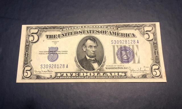 1934 D Five Dollars Silver Certificate United States, Blue Seal $5