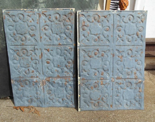 SALE 2 Antique Ceiling Tin Tile Fleur De Li Flower Elegant Pie Cupboard Doors 3