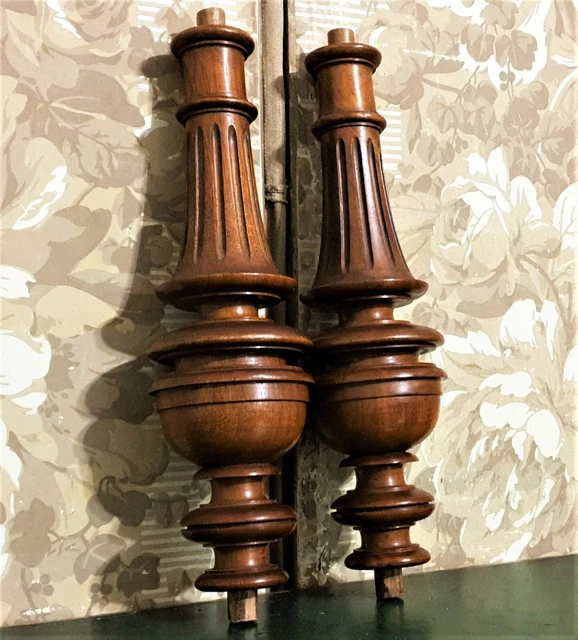 Wood turned column baluster pair Groove Antique French architectural salvage