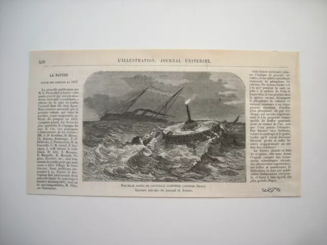 Gravure 1873. Nouvelle Bouee De Sauvetage Lumineuse, Systeme Sylas. Avec Explica