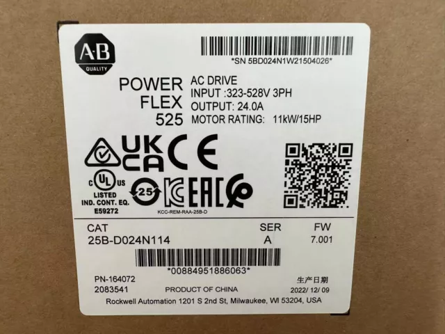 25B-D024N114 Allen-Bradley PowerFlex 525 AC Drive 11kW 15Hp Factory Sealed NEW