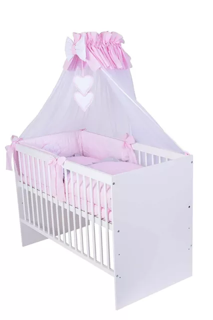 Babybett T1 mit 11-tlg Komplett-Set Bettwäsche Matratze Nestchen rosa grau Neu