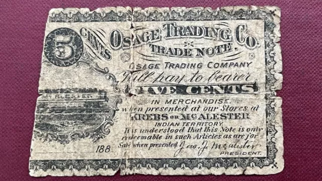 Five Cents Osage Trading Co Krebs & McAlester Indian Territory Trade Note #58853