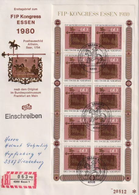 BRD FDC 10x MiNr 1065 (1Gb) Klb "Kongress der Intern. Philatelisten (FIP) Essen"