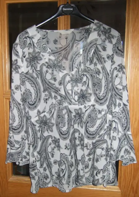 M & S White with Black Print Pull on Blouse with flared sleeve and hem Size 16