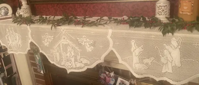 Heritage Lace White Mantel Scarf Bethlehem Nativity 96" X 19" Vintage Christmas