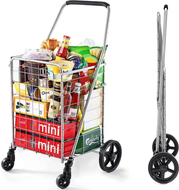 3 Wheel Shopping Cart Steel Portable Grocery Laundry with Accessory Basket