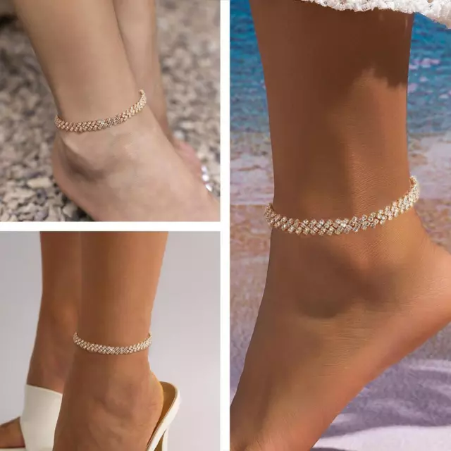 Rhombus Rhinestone Beaded Tennis Chain Anklet Elastic Beach Ankle Bracelet G6C2