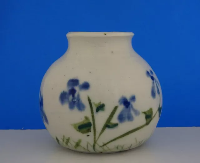 Studio Pottery Hand Painted Small Vase Blue Flowers Signed