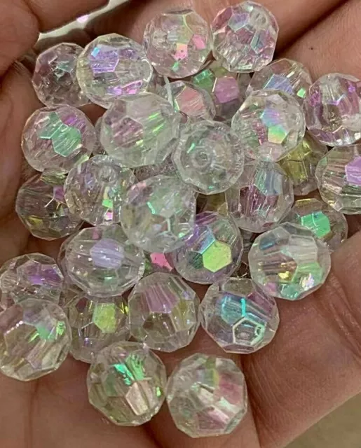 100 X Faceted Plastic Jewellery Making, Beads 8 mm Crystal AB Clear