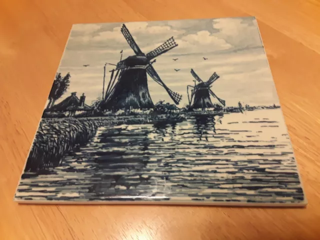 Vintage Dutch Delft Blue (2)Windmills Hand Painted 6" x 6" Tile/Trivet