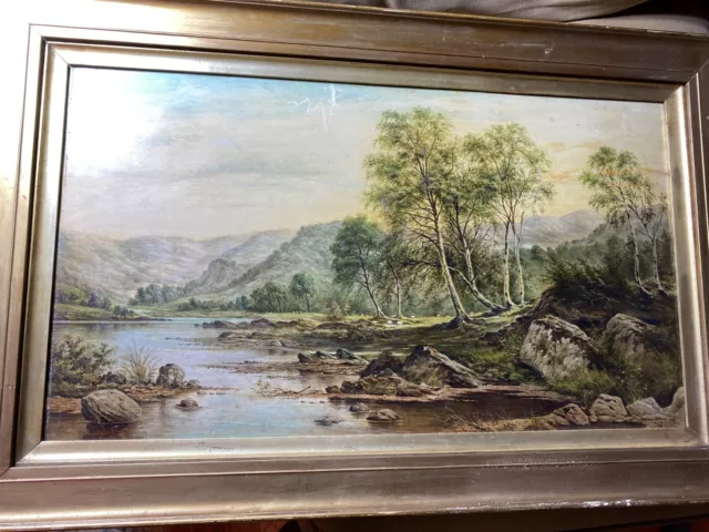Large Antique "River Landscape With Mountain Scene" Oil Painting - Signed/Framed