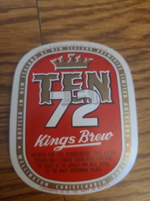 Vintage 1973 Ten 72 Kings Brew Beer Label New Zealand Breweries Auckland