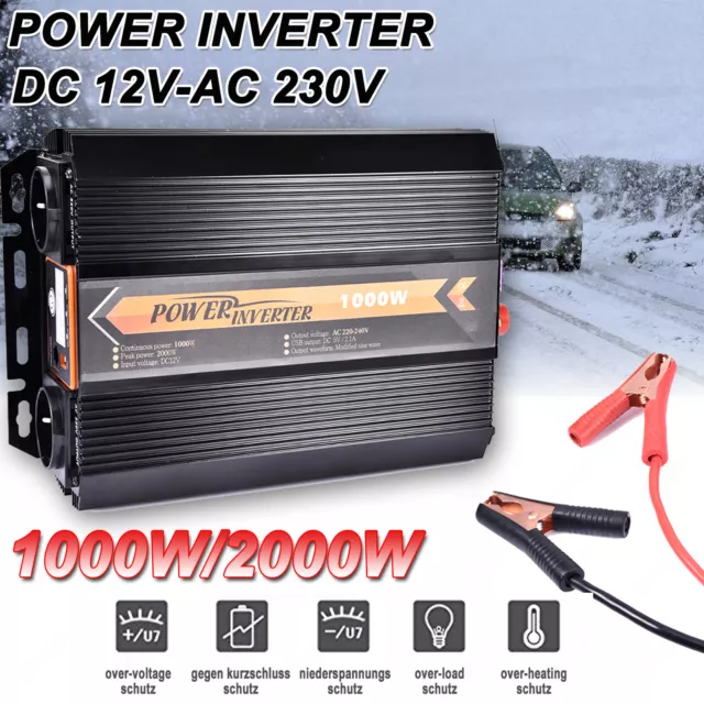 Auto 1000W 2000W Reiner Sinus-Wechselrichter Spannungswandler DC12V  To 230V USB 2