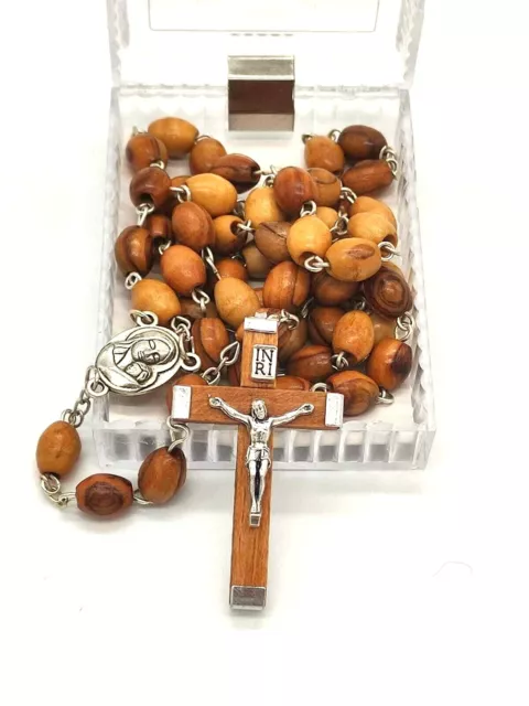 Brown Olive Wood Silver Rosary with box Holy Land Handmade Necklace Mary Blessed