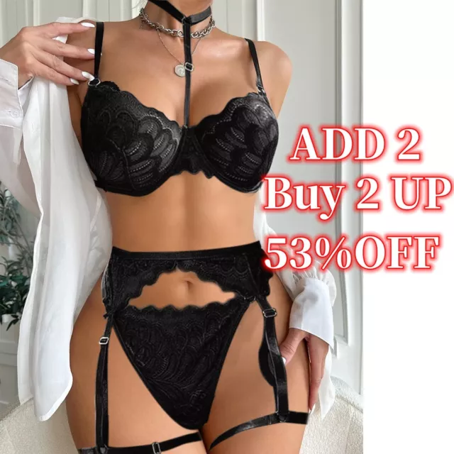 Black Lace Three Piece Underwear Bra Set Thong & Garter Belt Sexy Lingerie