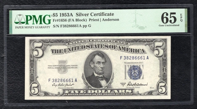 Fr. 1656 1953-A $5 Silver Certificate Note Pmg Gem Uncirculated-65Epq
