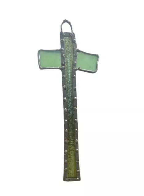 VTG Stained Glass Suncatcher Cross GREEN Christian 9” Christ 1974 Thona