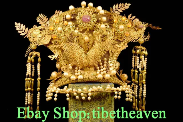 17.2“ Rare Old China Copper 24K Gold Pearl Palace Empress Flower Phoenix Hat Cap