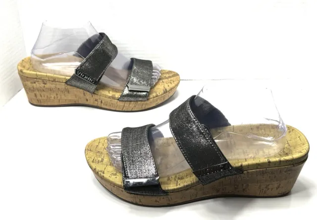 Vionic PEPPER Cork Wedge Sandals Metallic Black Slide Heels Women’s Size 10 US