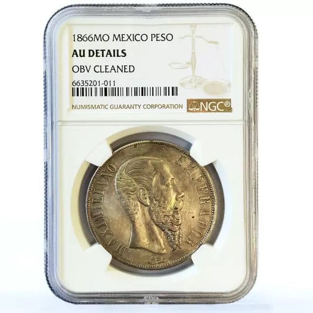 Mexico 1 peso Maximiliano I AU Details NGC silver coin 1866 Mexico 1 peso Maximiliano I AU Details NGC silver coin 1866